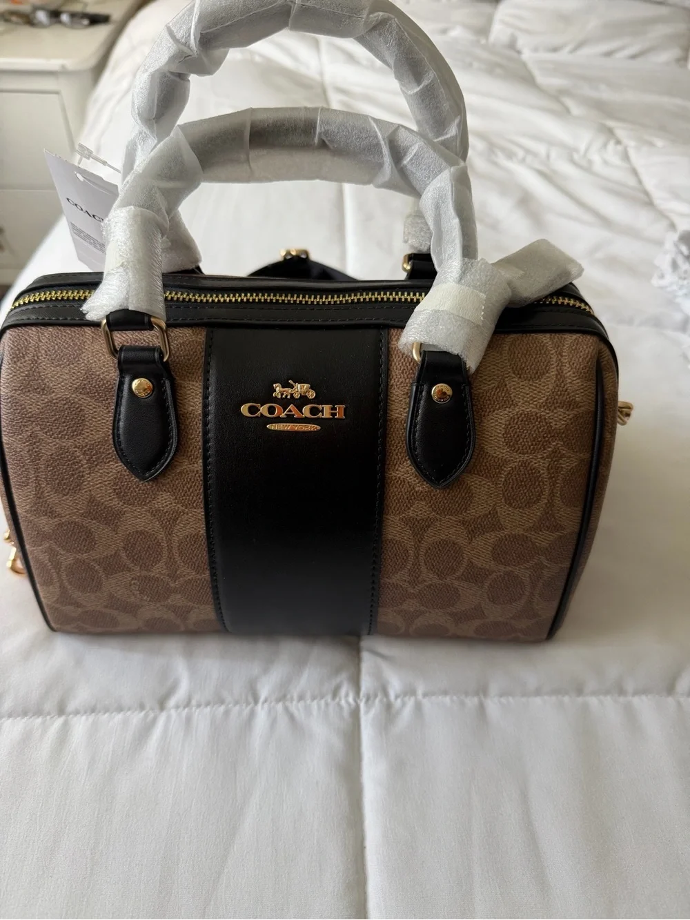 Coach Brown Signature Canvas Mini Satchel with Black Center Panel - Picture 2 of 6